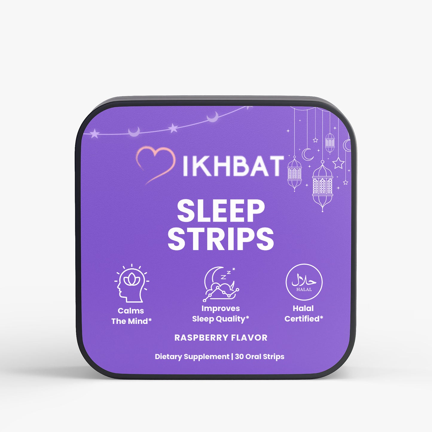 Purple packaging of IKHBAT Sleep Strips with text and icons on a white background