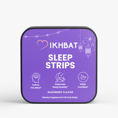 Purple packaging of IKHBAT Sleep Strips with text and icons on a white background