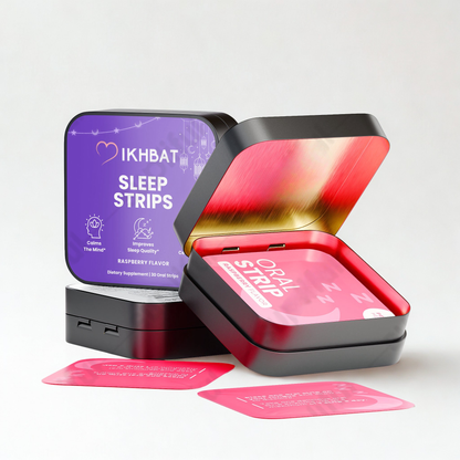 Open tin containing pink sleep strips with 'IKHBAT' branding on a white background