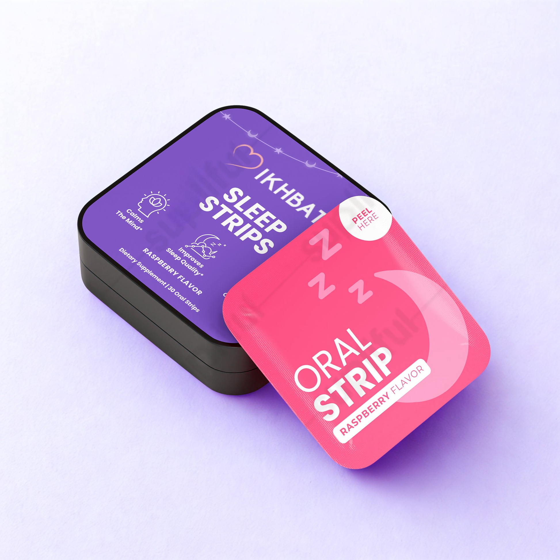Two small containers labeled 'Sleep Strips' and 'Oral Strip' on a light purple background