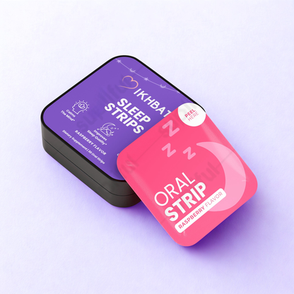 Two small containers labeled 'Sleep Strips' and 'Oral Strip' on a light purple background