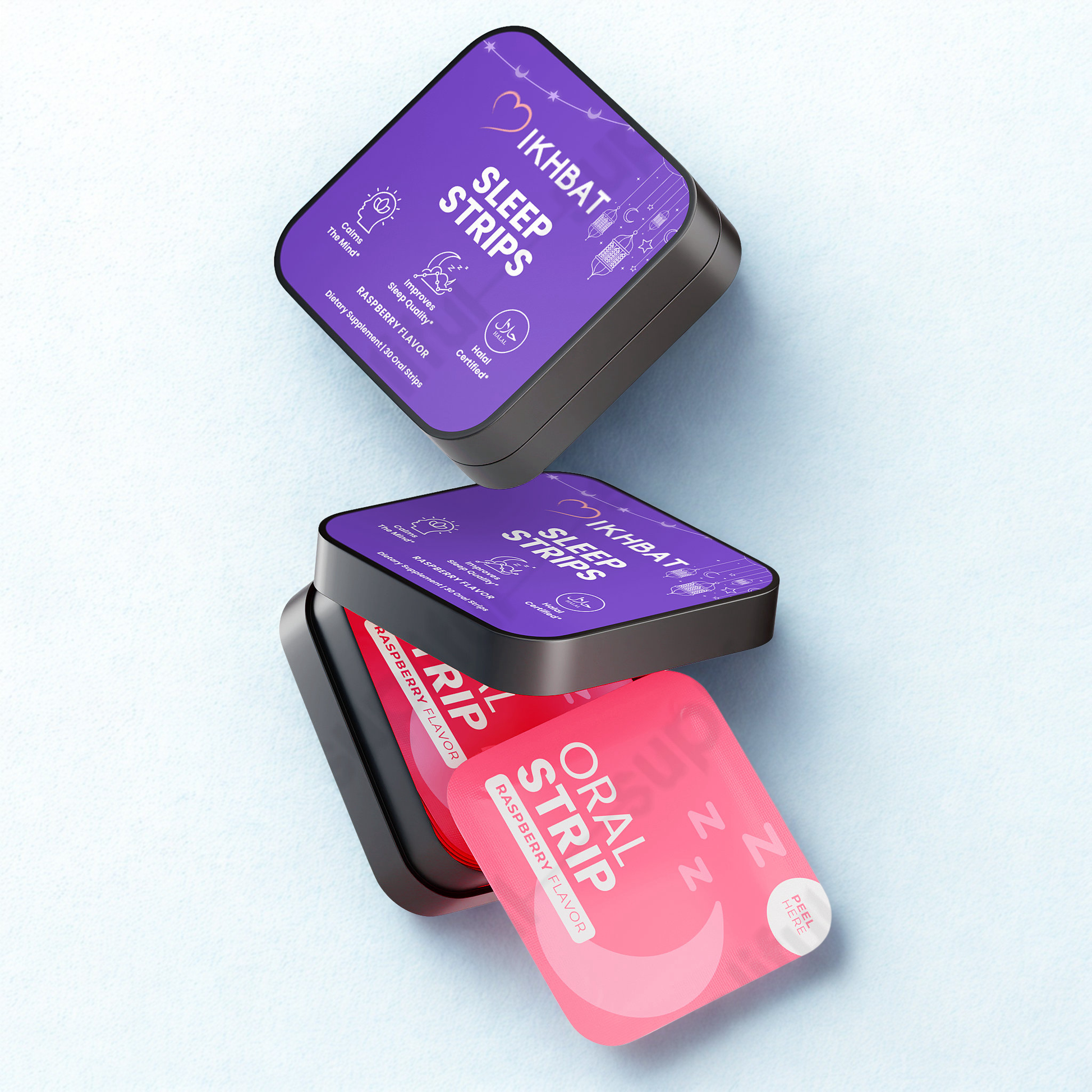 Two containers of 'Ikhbat Sleep Strips' on a light blue background